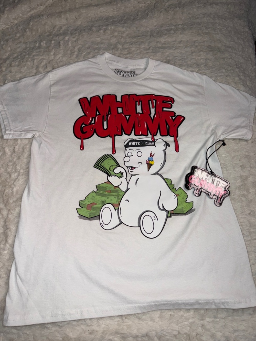 White Gummy Graphic Tee with Money Bear